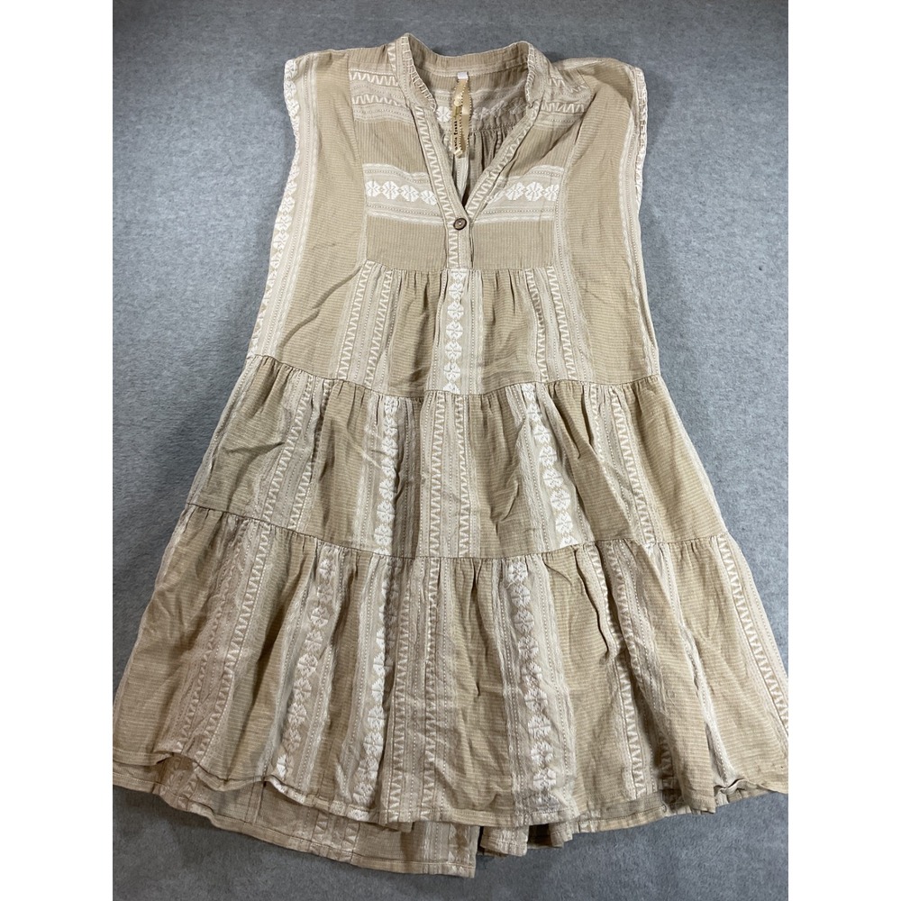 Uncle Frank Womens Tan White Embroidered Tiered Cotton Sleeveless Dress S 2325